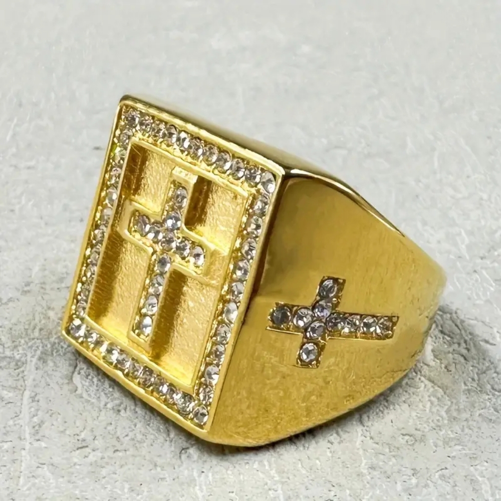 Mens Stainless Steel 14K Gold Plated and CZ Accented Cross Ring Size 9